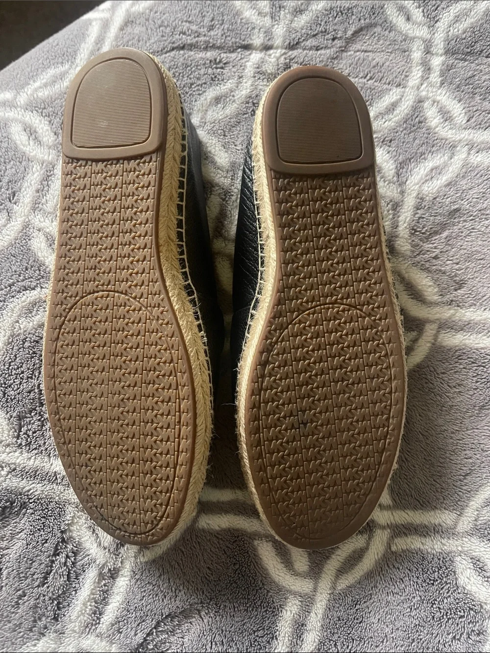 Michael Kors Black Leather Espadrille Slip-Ons with Gold MK Accents